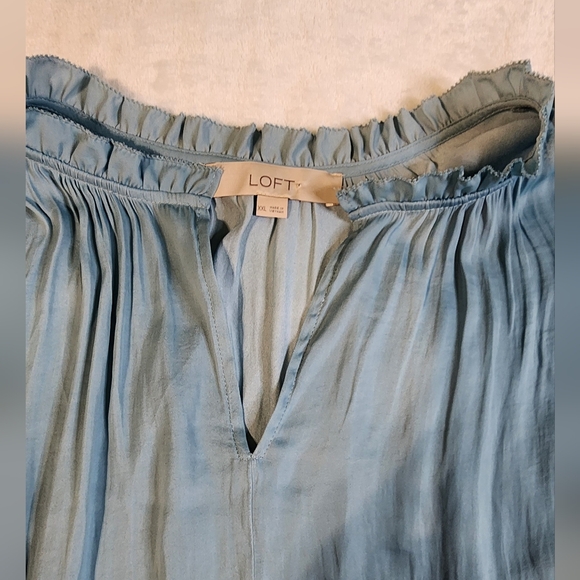 LOFT Light Blue Blouse with Ruffle Neckline, EUC, Size XXL - Picture 2 of 7